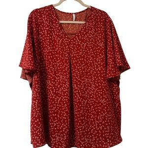 Anyally Red Floral V-Neck Flutter Sleeve Pleated Blouse Top Womens 3XL